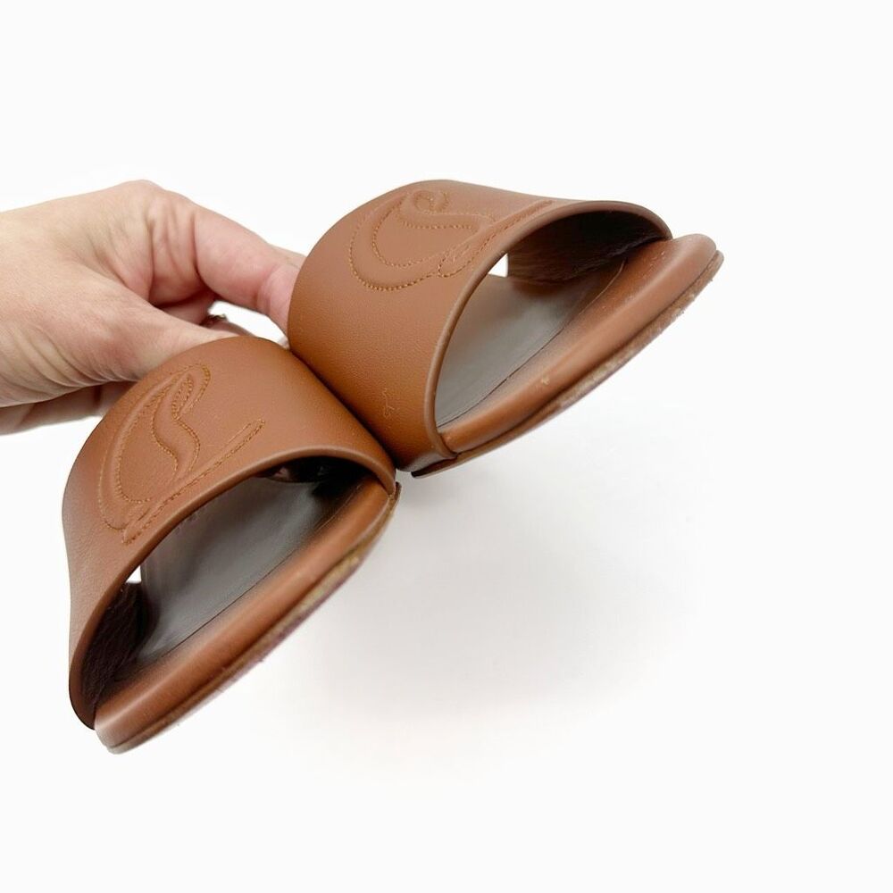 CHRISTIAN LOUBOUTIN So CL Embossed Heel Size 37.5 Sandal Leather Block Slide - Picture 6 of 11